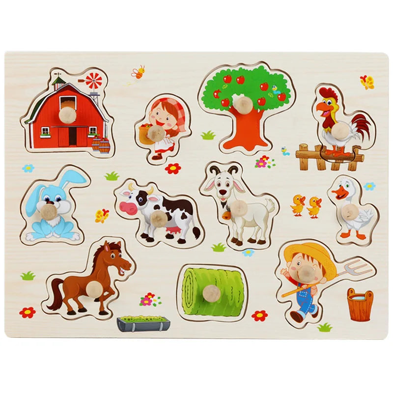 30cm Montessori Houten Puzzelbord | Hand-Oog Coördinatie | Cartoon Dieren & Voertuigen | Educatief Cadeau