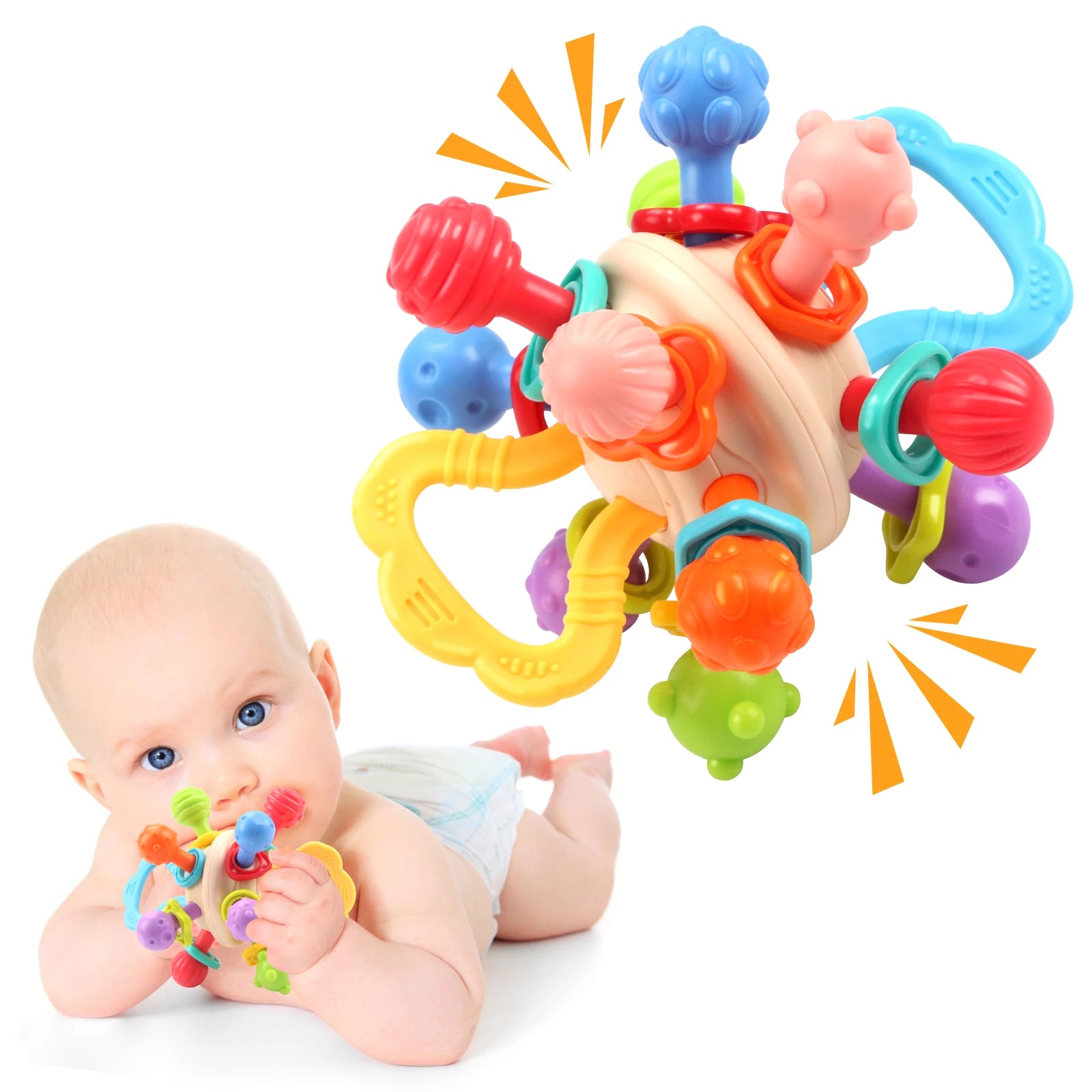 Manhattan Bal Baby Speelgoed | Zachte Siliconen Grijpbal met Rammelaar & Bijtring voor Baby’s 0-12m