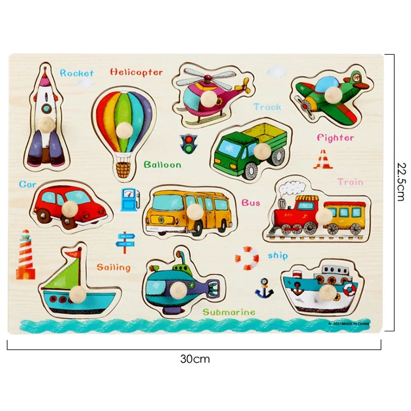 30cm Baby Toys Montessori Wooden Puzzle Hand Grab Board Educational Wood Puzzles for Kids Cartoon Animal Vehicle Gift for Child