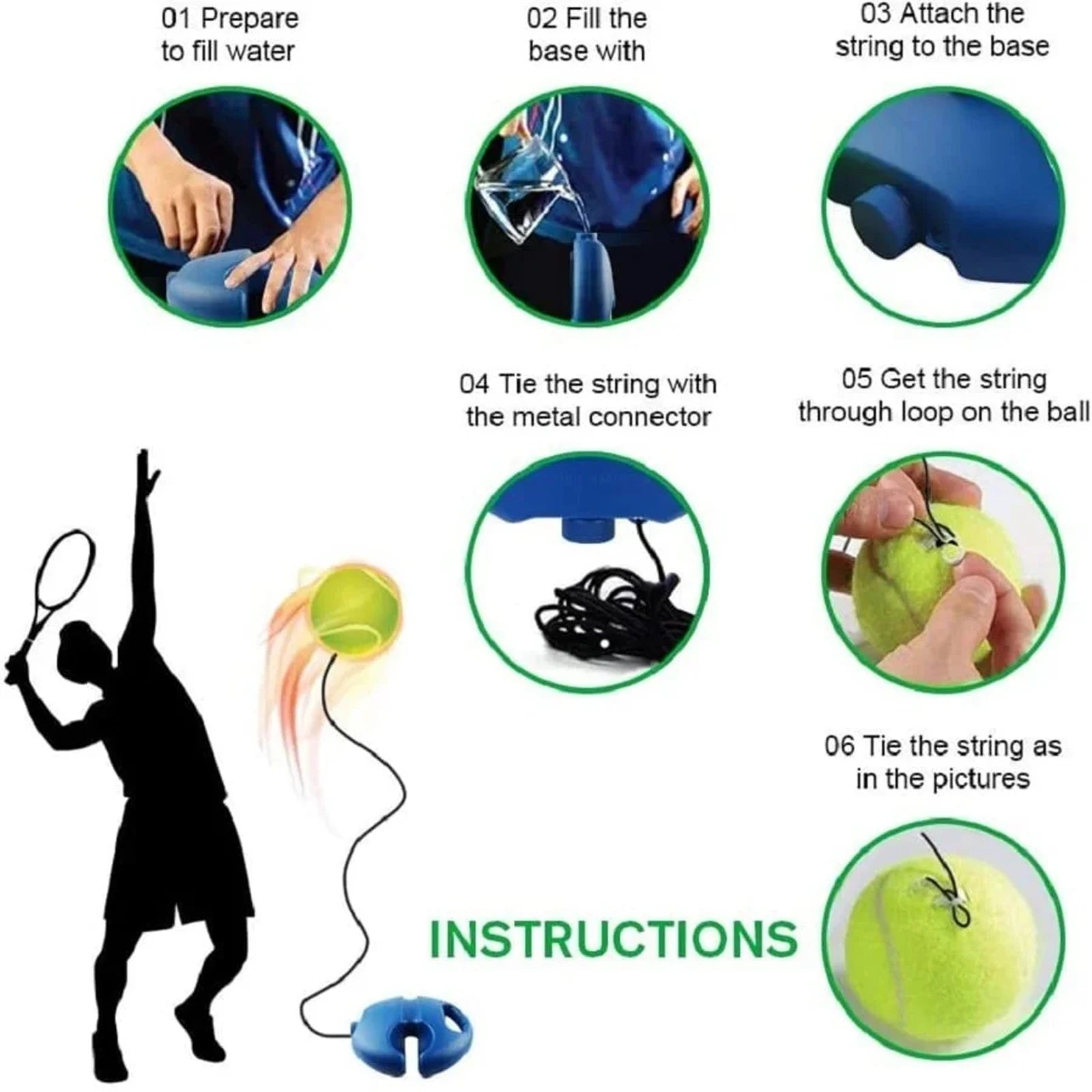 Tennis Trainingshulp met Elastisch Touw | Zelfstandige Tennis Trainer voor Sparring & Oefening