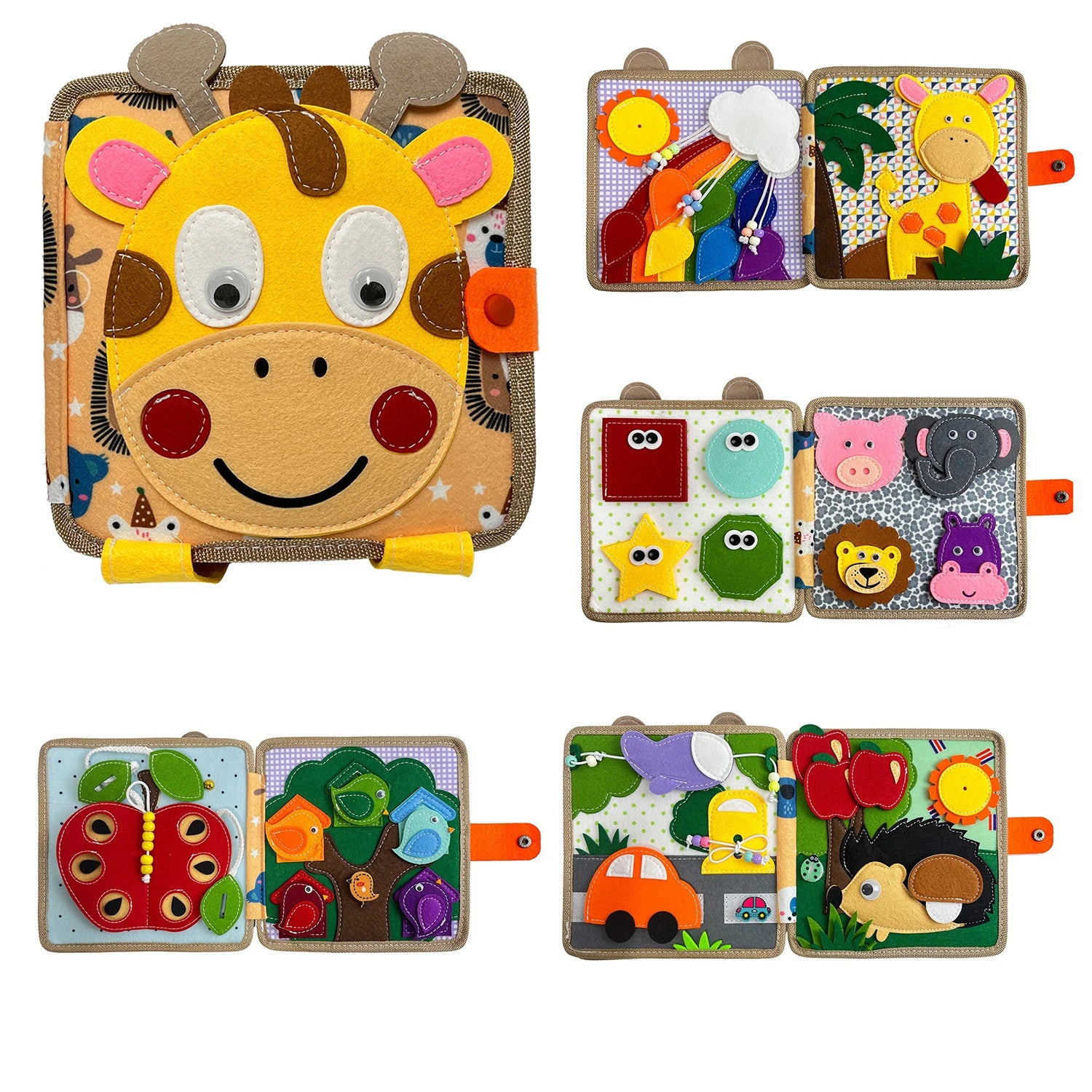 Montessori Giraffe Busy Board | Viltboek voor Fijne Motoriek