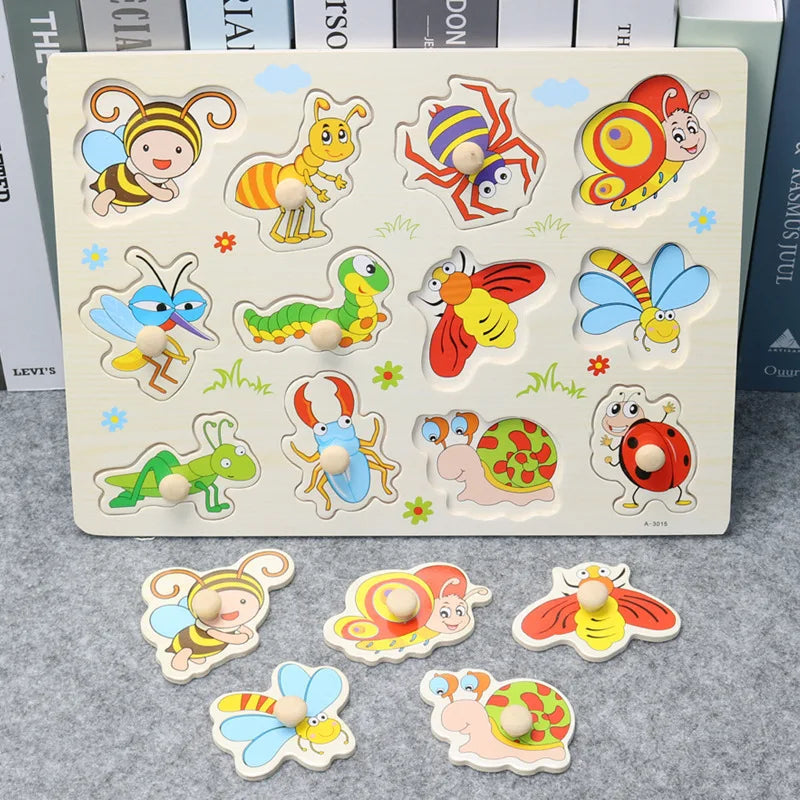 30cm Baby Toys Montessori Wooden Puzzle Hand Grab Board Educational Wood Puzzles for Kids Cartoon Animal Vehicle Gift for Child