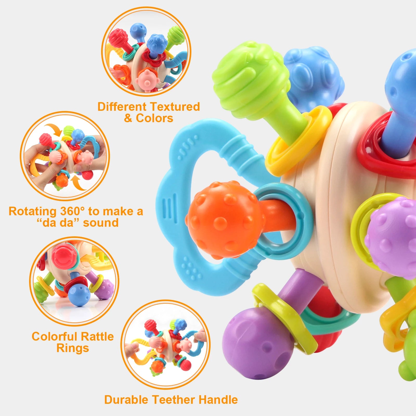 Manhattan Bal Baby Speelgoed | Zachte Siliconen Grijpbal met Rammelaar & Bijtring voor Baby’s 0-12m