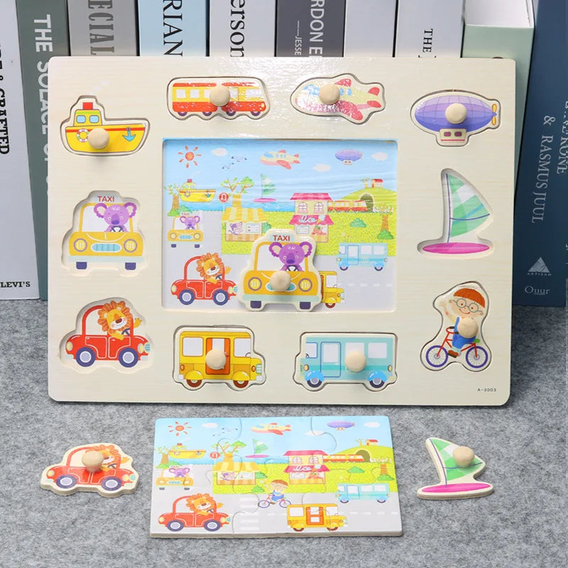 30cm Baby Toys Montessori Wooden Puzzle Hand Grab Board Educational Wood Puzzles for Kids Cartoon Animal Vehicle Gift for Child