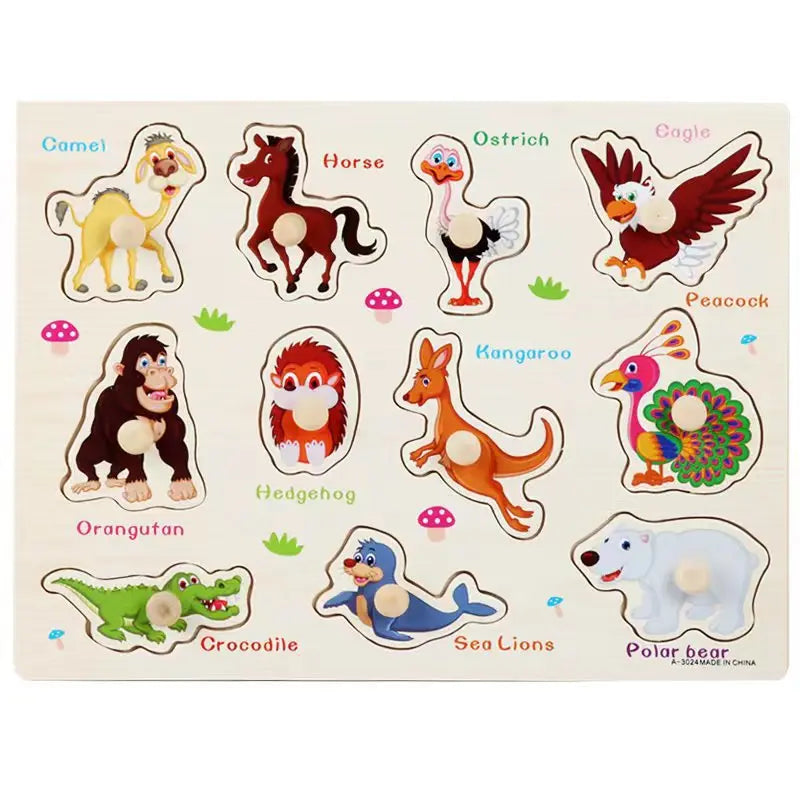 30cm Montessori Houten Puzzelbord | Hand-Oog Coördinatie | Cartoon Dieren & Voertuigen | Educatief Cadeau