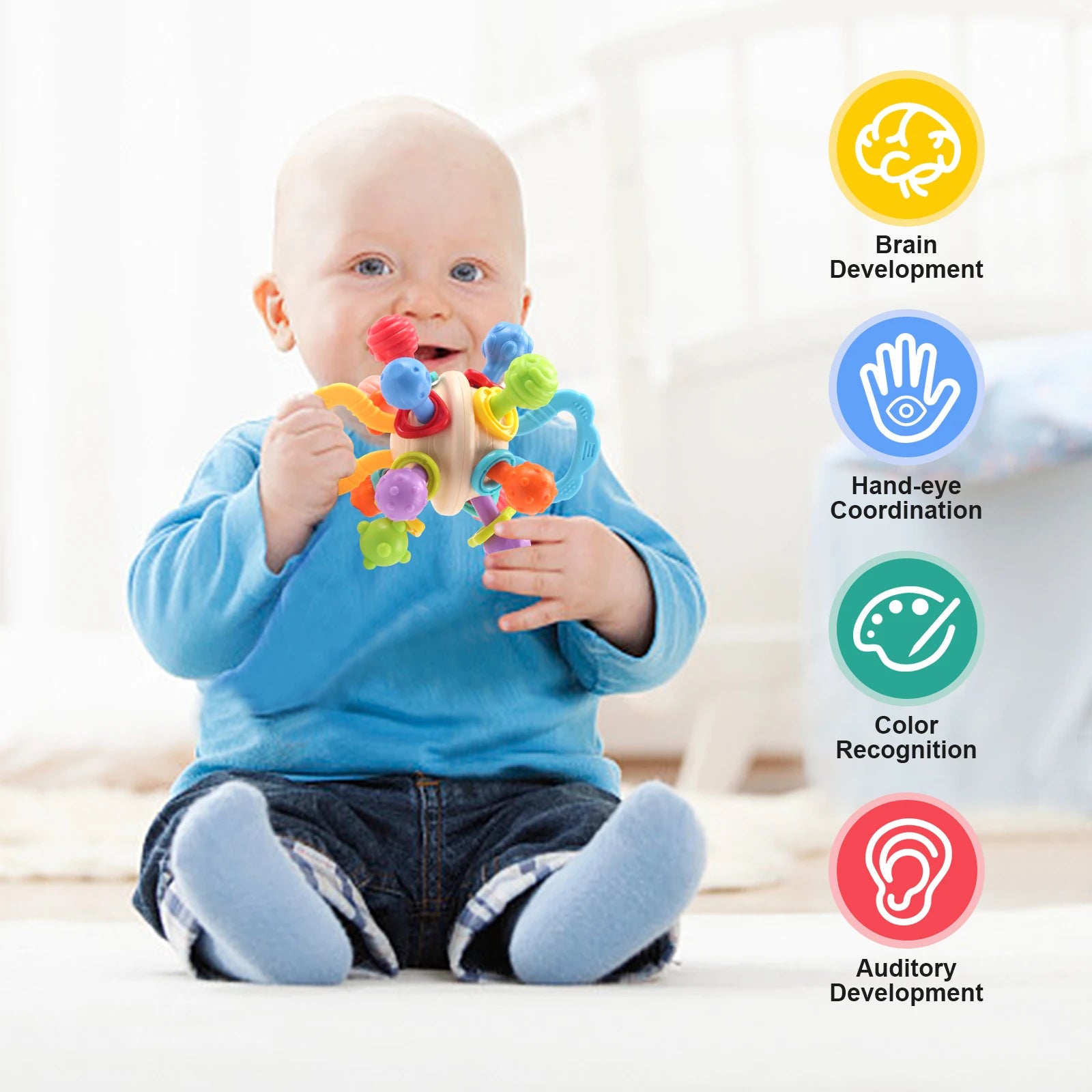 Manhattan Bal Baby Speelgoed | Zachte Siliconen Grijpbal met Rammelaar & Bijtring voor Baby’s 0-12m