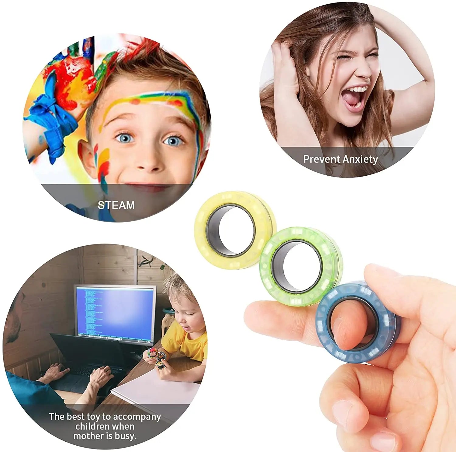 3 stuks vinger magnetische ringen | Kleurrijke fidget speelgoed set voor volwassenen en kinderen, magneet spinner ringen voor stressverlichting