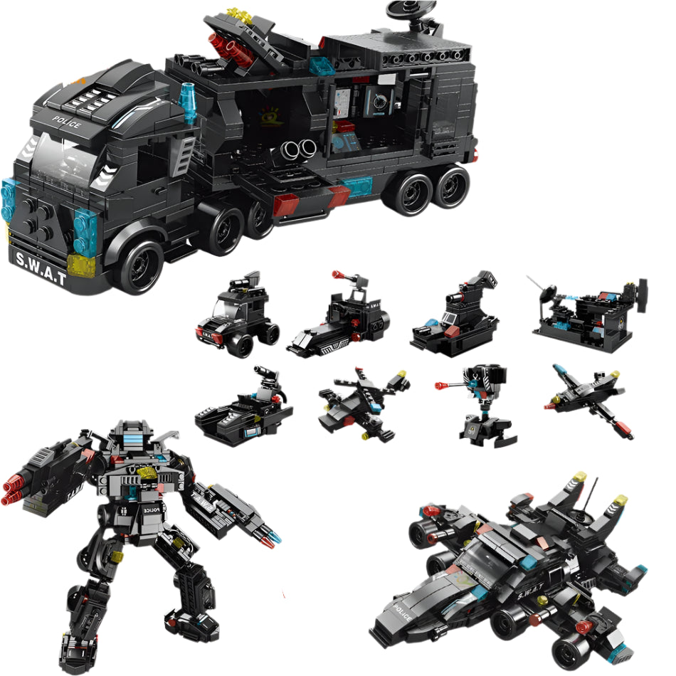 8-in-1 SWAT Politie Truck | Bouwblokken & Helikopter Set
