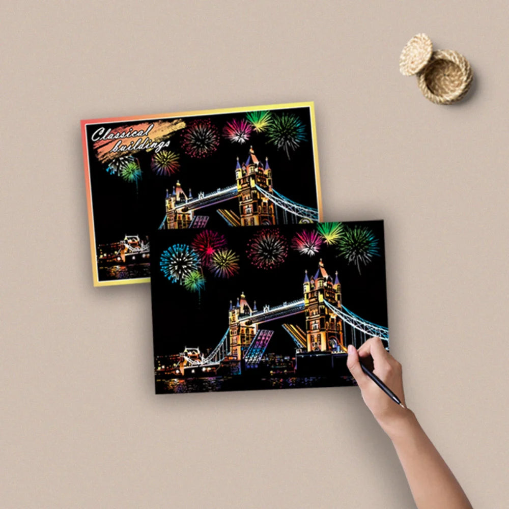 4-delige DIY Nachtlandschap Kras Schilderij Set | Educatief Kunstspeelgoed voor Kinderen, Stad & Landschap, Verjaardagscadeau & Kamerdecoratie