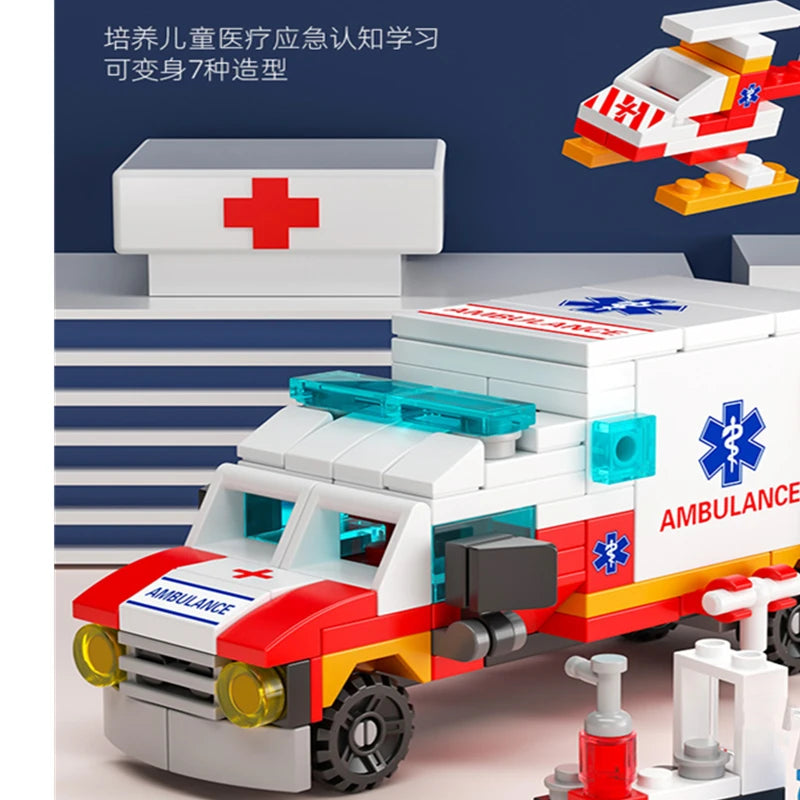 6-in-1 NIEUWE Ambulance Escortauto Helicopter Paramedic Dokter Mini Loader Truck Klassiek Model Bouwstenen Sets Bricks Stadsspeelgoed