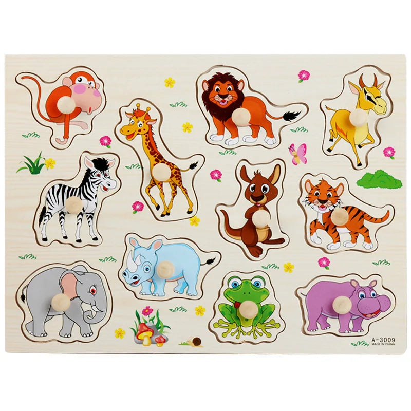 30cm Baby Toys Montessori Wooden Puzzle Hand Grab Board Educational Wood Puzzles for Kids Cartoon Animal Vehicle Gift for Child