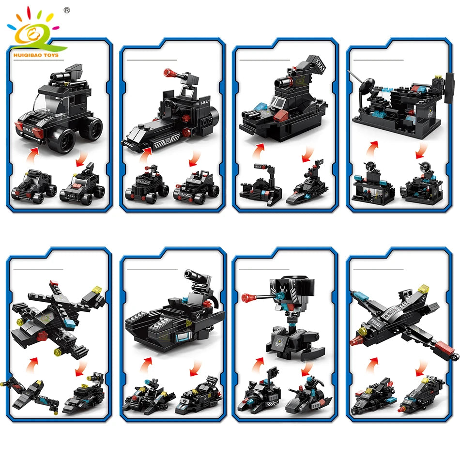 8-in-1 SWAT Politie Truck | Bouwblokken & Helikopter Set