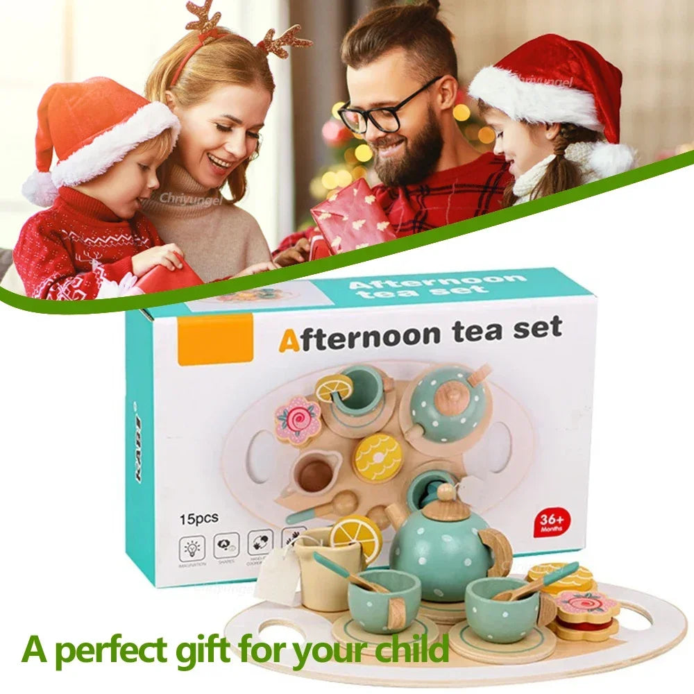 15-delige Houten Thee Speelgoed Set | Rollenspel Keukenaccessoires, Voedsel Speelset voor Kinderen, Rollenspel voor Peuters, Geschenken voor Jongens en Meisjes