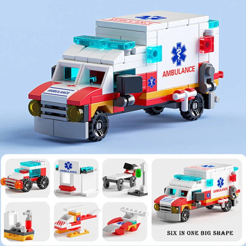 6-in-1 NIEUWE Ambulance Escortauto Helicopter Paramedic Dokter Mini Loader Truck Klassiek Model Bouwstenen Sets Bricks Stadsspeelgoed