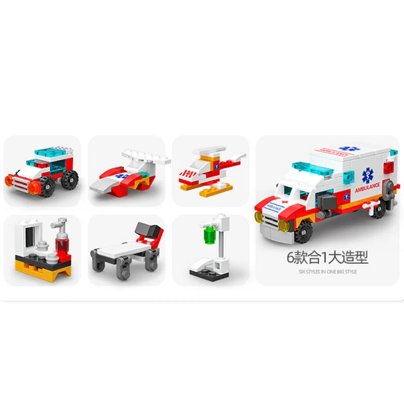 6-in-1 NIEUWE Ambulance Escortauto Helicopter Paramedic Dokter Mini Loader Truck Klassiek Model Bouwstenen Sets Bricks Stadsspeelgoed