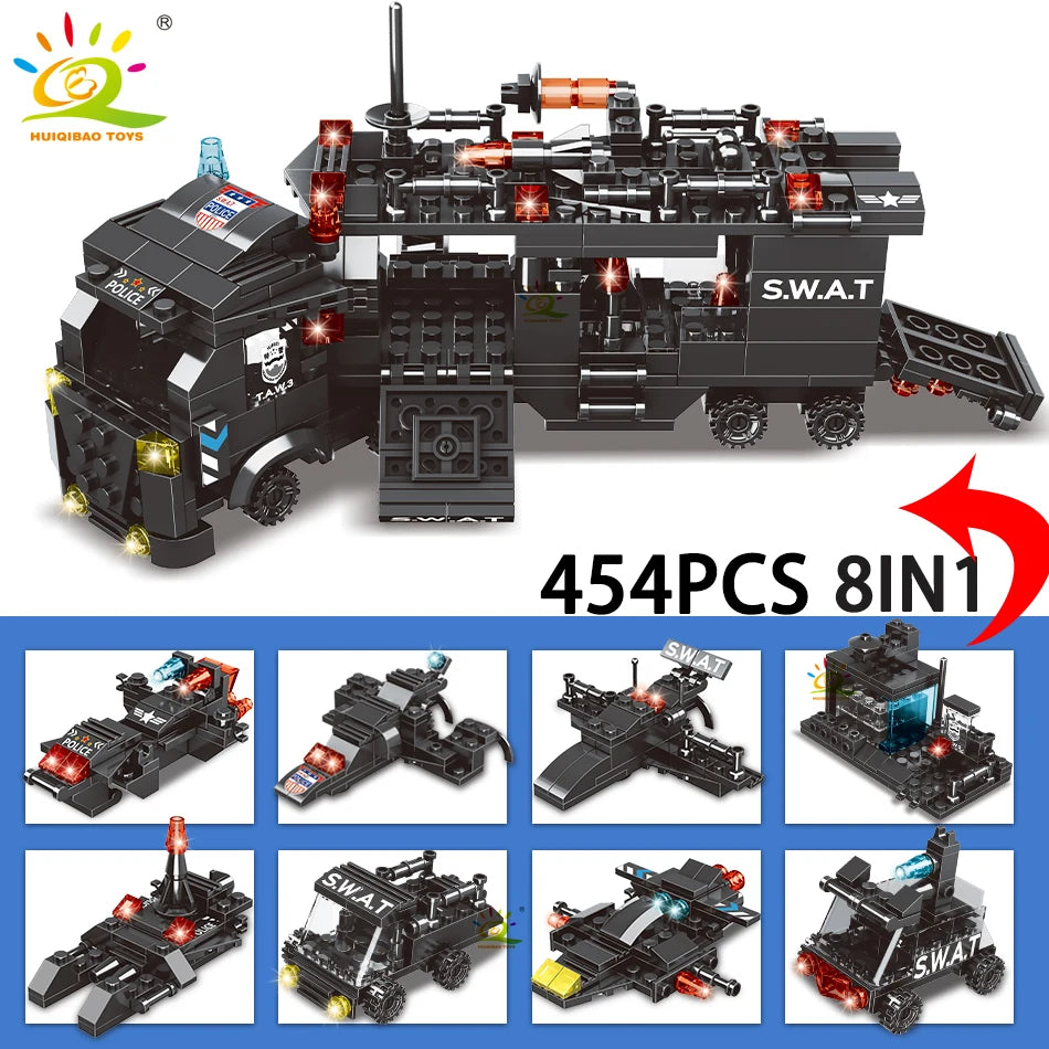 8-in-1 SWAT Politie Truck | Bouwblokken & Helikopter Set