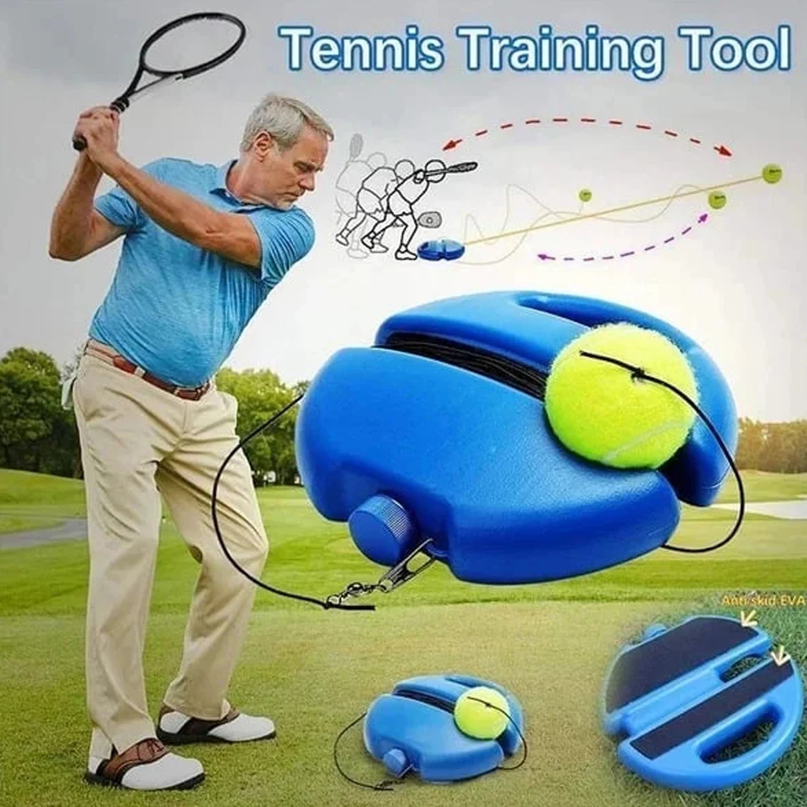 Tennis Trainingshulp met Elastisch Touw | Zelfstandige Tennis Trainer voor Sparring & Oefening