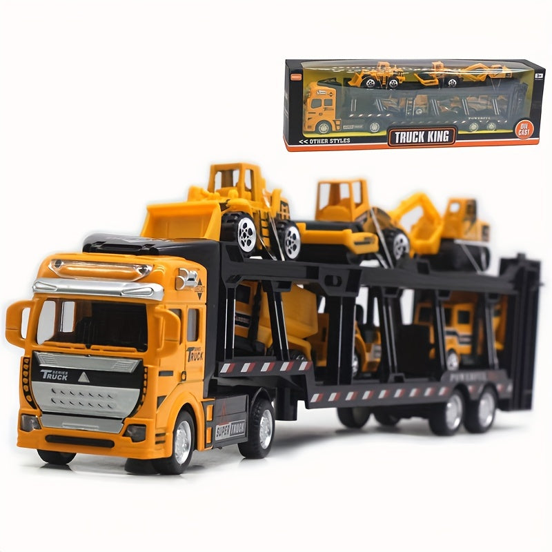 32cm Die-Cast Truck Set | 1x Vrachtwagen + 6 Mini Bouwvoertuigen | Vanaf 3 Jaar