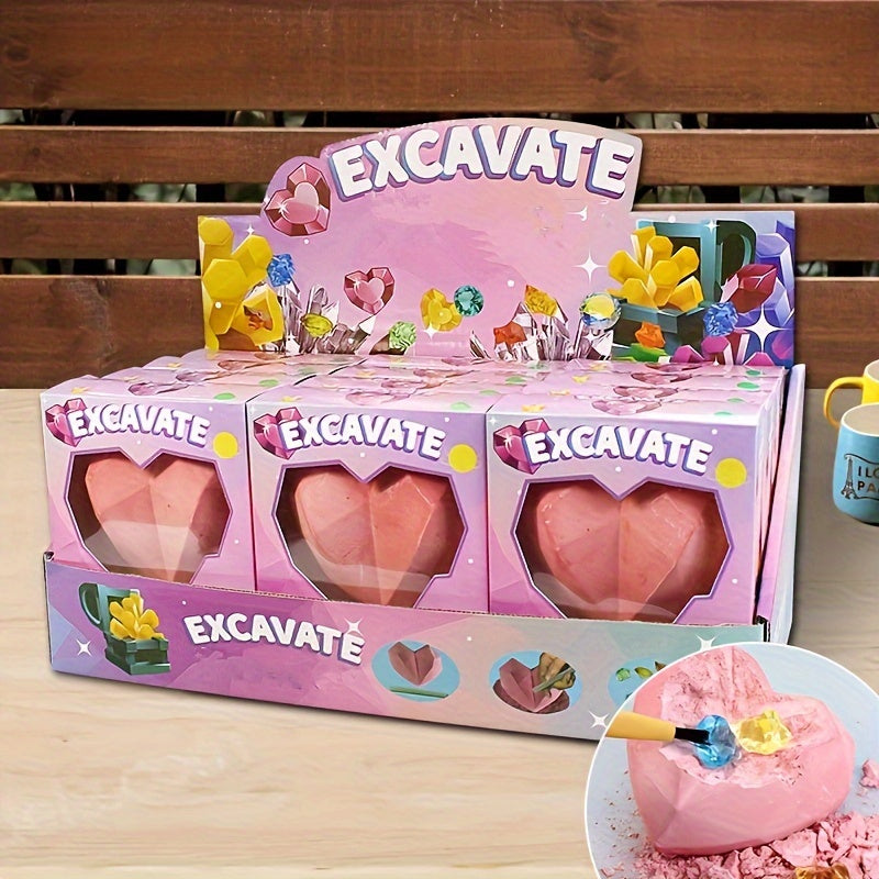 Kinder Archeologie Opgraving naar Edelstenen | DIY Handmatige Opgraving naar Schat Fossielen voor Hartvormige Doos Puzzel Handgemaakt Speelgoed