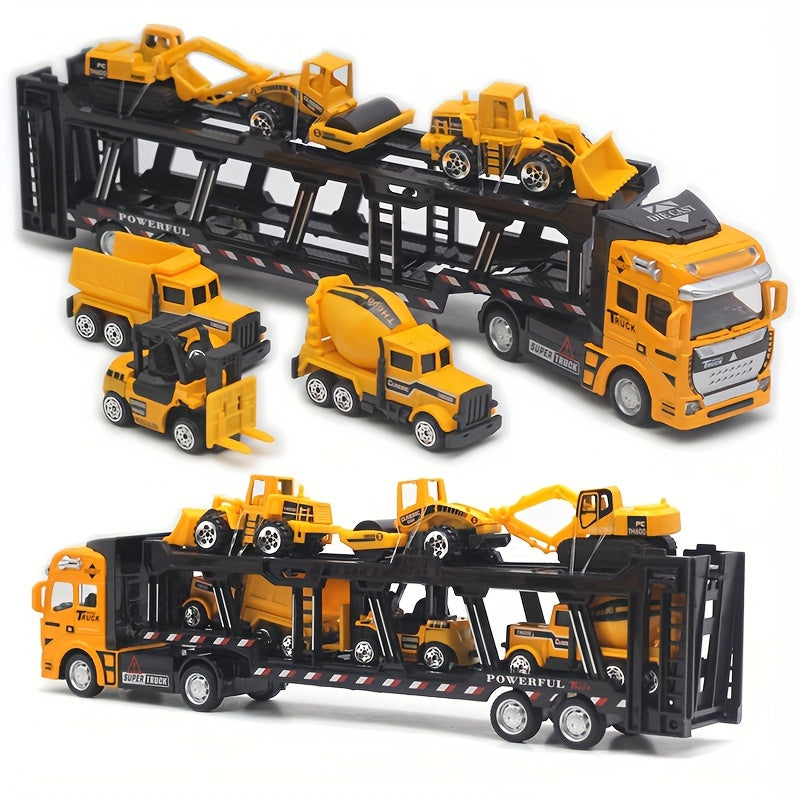 32cm Die-Cast Truck Set | 1x Vrachtwagen + 6 Mini Bouwvoertuigen | Vanaf 3 Jaar