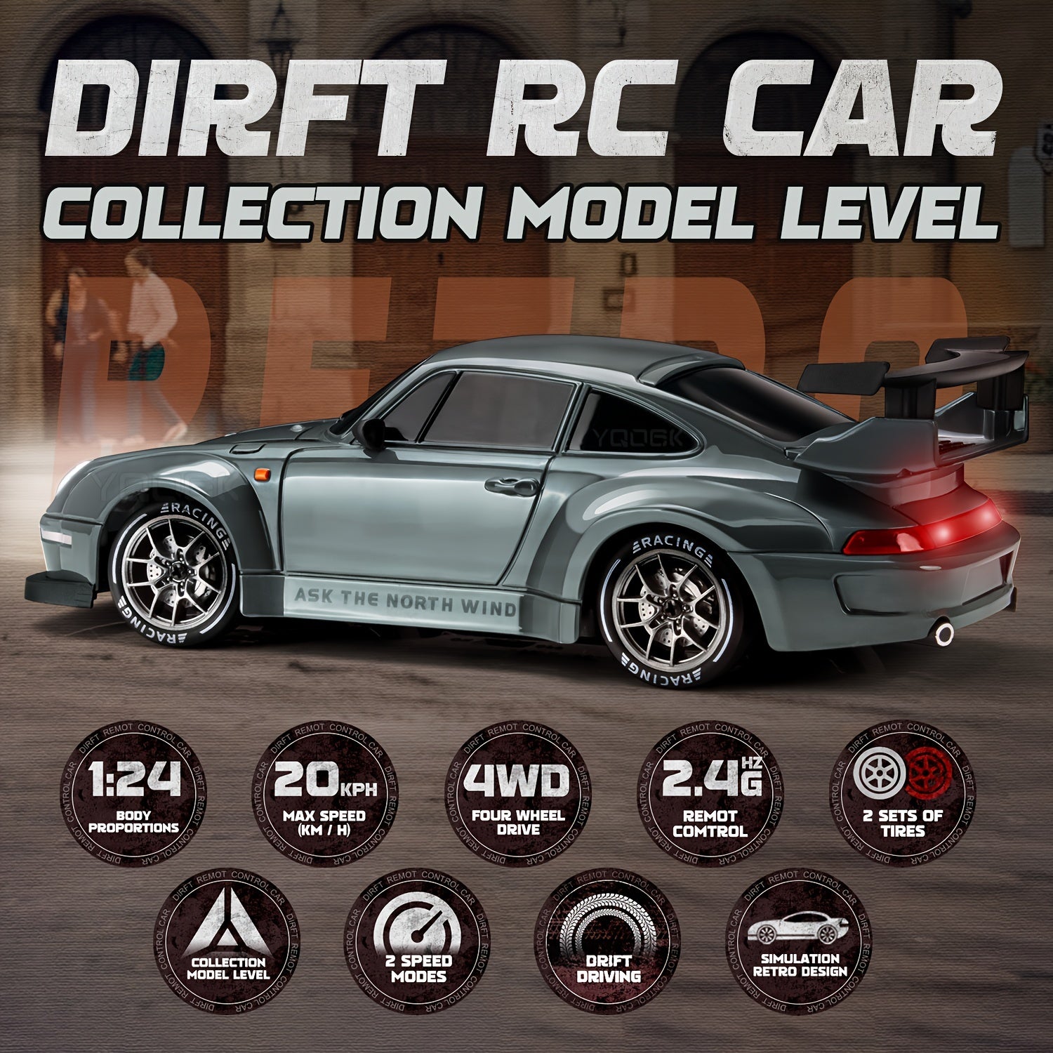 [1 stuk 2.4GHz 4WD RC Drift Auto] - 1:24 RC Drift Auto met Knipperende Lichten, 4WD Hoge-Snelheid Raceauto, Dual Tire Set voor Snelheid & Drift, Inclusief 500mAh Oplaadbare Batterij, USB Oplader, Kegels & Gereedschap