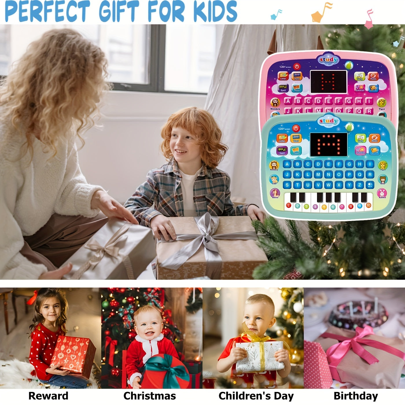 Montessori Tablet Leerpad met LED Scherm | Educatieve Tablet om Alfabet, Nummers, Woorden, Muziek en Rekenen te Leren, Interactief Elektronisch Speelgoed voor Jongens & Meisjes