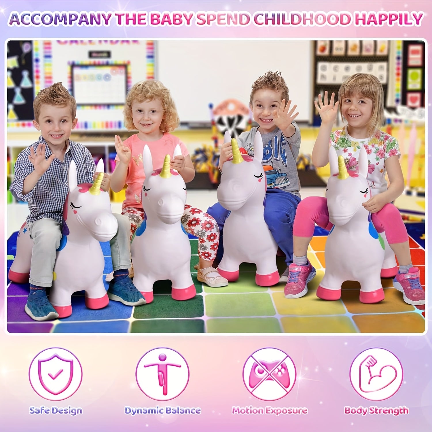 Opblaasbaar eenhoorn springpaard | Duurzaam PVC, kleurrijk ontwerp, cadeau voor 1e verjaardag