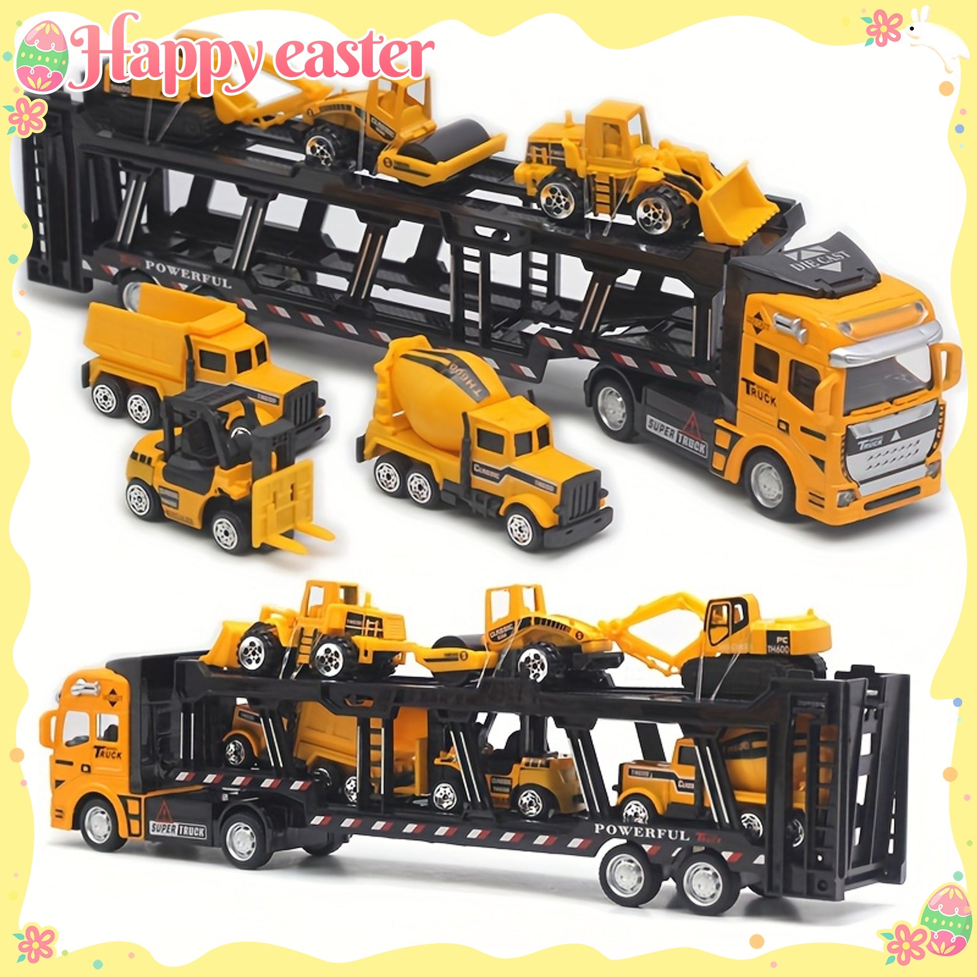 32cm Die-Cast Truck Set | 1x Vrachtwagen + 6 Mini Bouwvoertuigen | Vanaf 3 Jaar