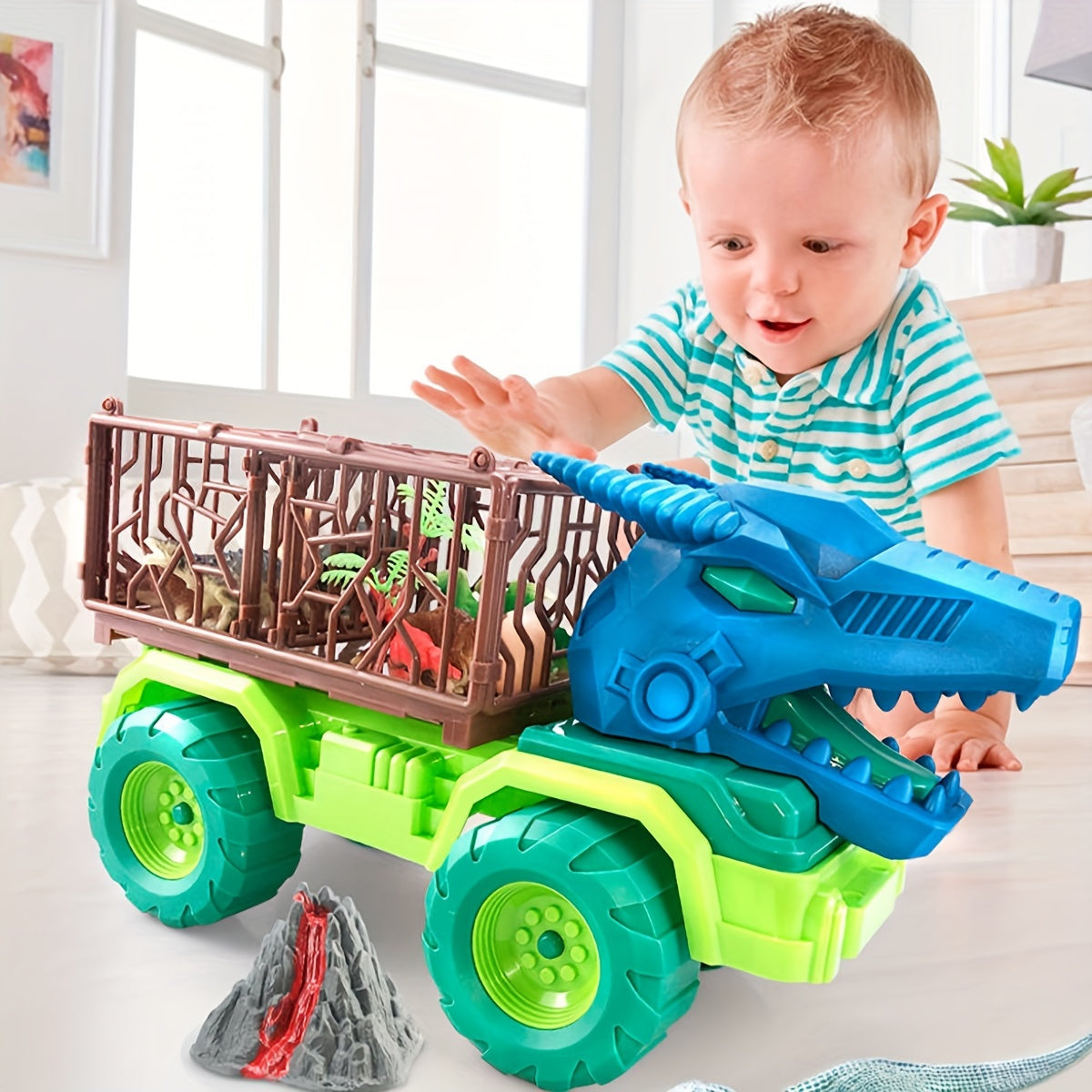 Dinosaurus Transporter Truck Speelgoed Set, 14-delige T-Rex Vrachtwagen met Educatief Speeltijd, Verjaardags- & Kerstcadeau voor Kinderen van 3-6 Jaar
