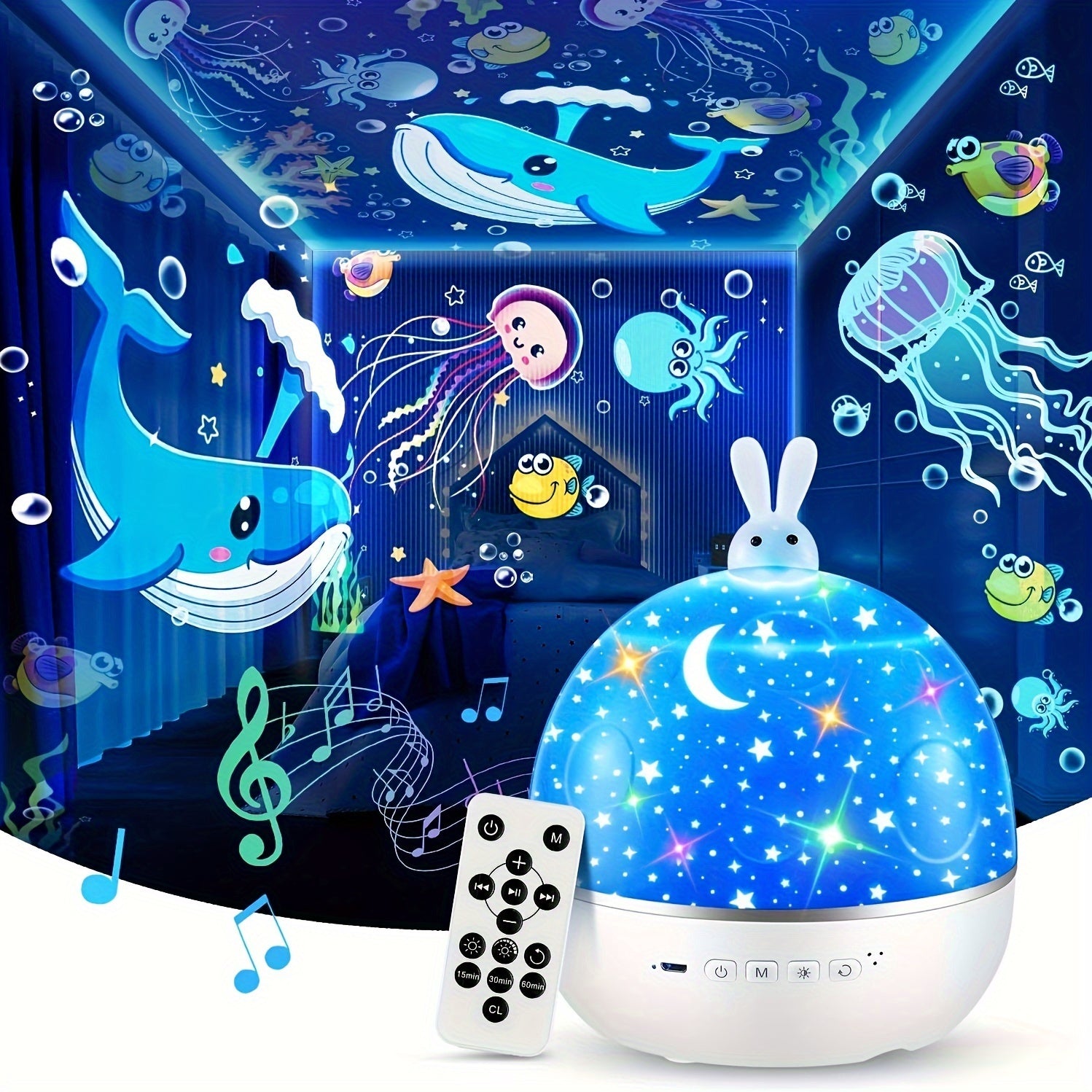 360° draaibare sterrenprojector nachtlamp | 15 films, 7 kleuren projector met muziekspeaker en afstandsbedieningstimer