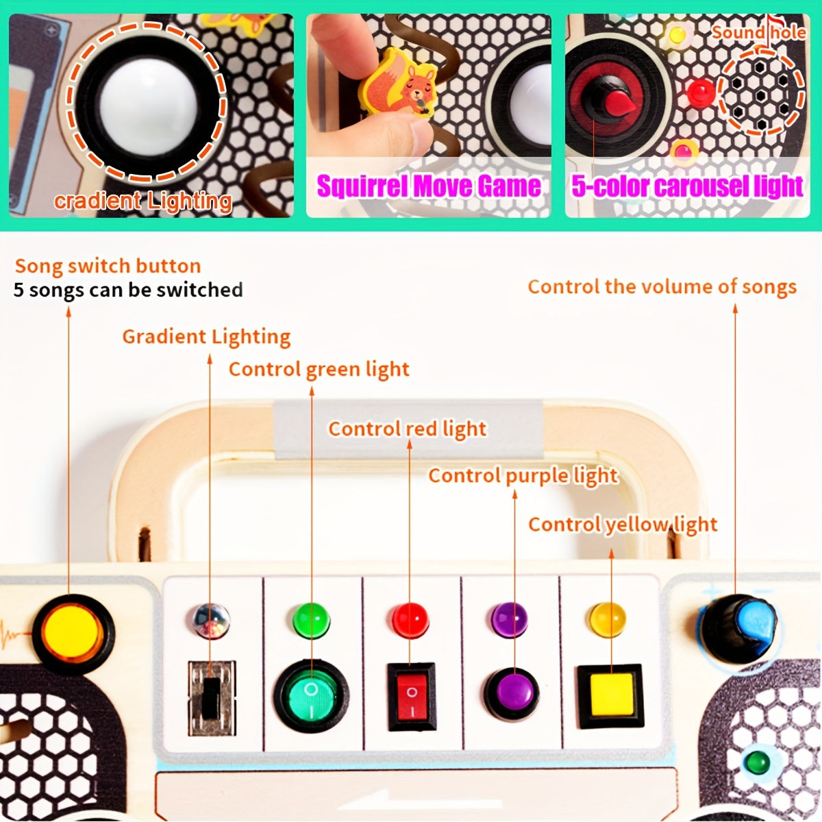 Interactief houten bord voor kinderen | Educatief stuurwiel met LED, muziek en sensorische activiteiten - Perfect reis speelgoed en cadeau voor Kerst/Halloween, assorti kleuren.
