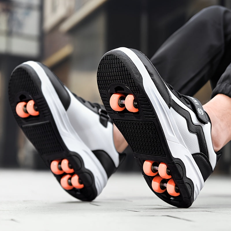 Coole Rolschaats Schoenen voor Kinderen en Tieners (t/m 14 Jaar) - Zwart/Wit Retro Sneakers met 6 Wieltjes - Unisex Sportschoenen voor Jongens en Meisjes