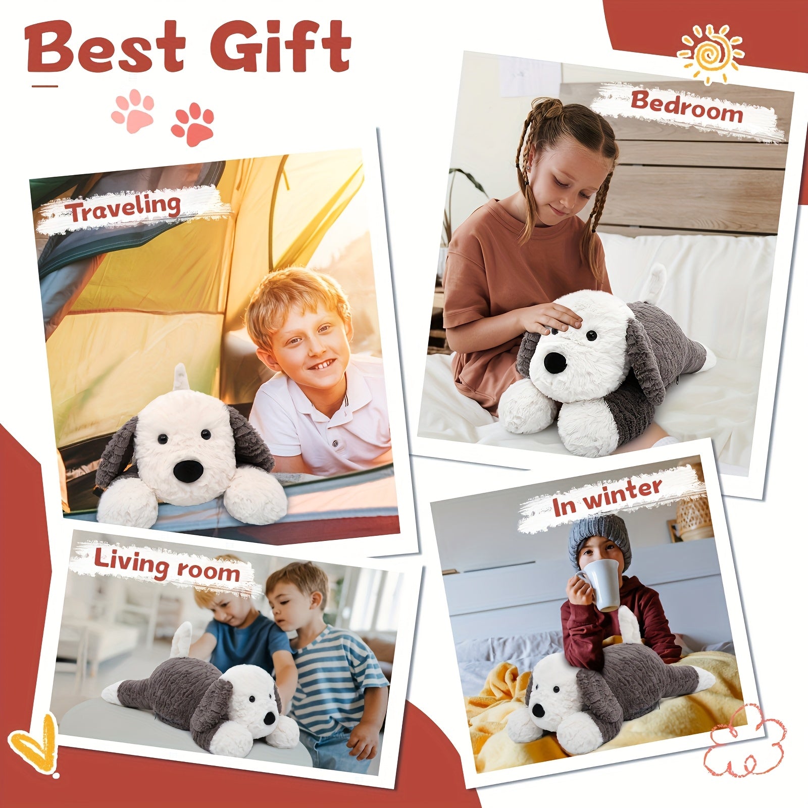 Verzwaard Knuffelhondje – 1,8 kg Warmteknuffel met Magnetronparels | Verwarmbare Comfort Hondenspeelgoed voor Kinderen & Volwassenen, Zonder Geur, Zachte 3D-Ogen
