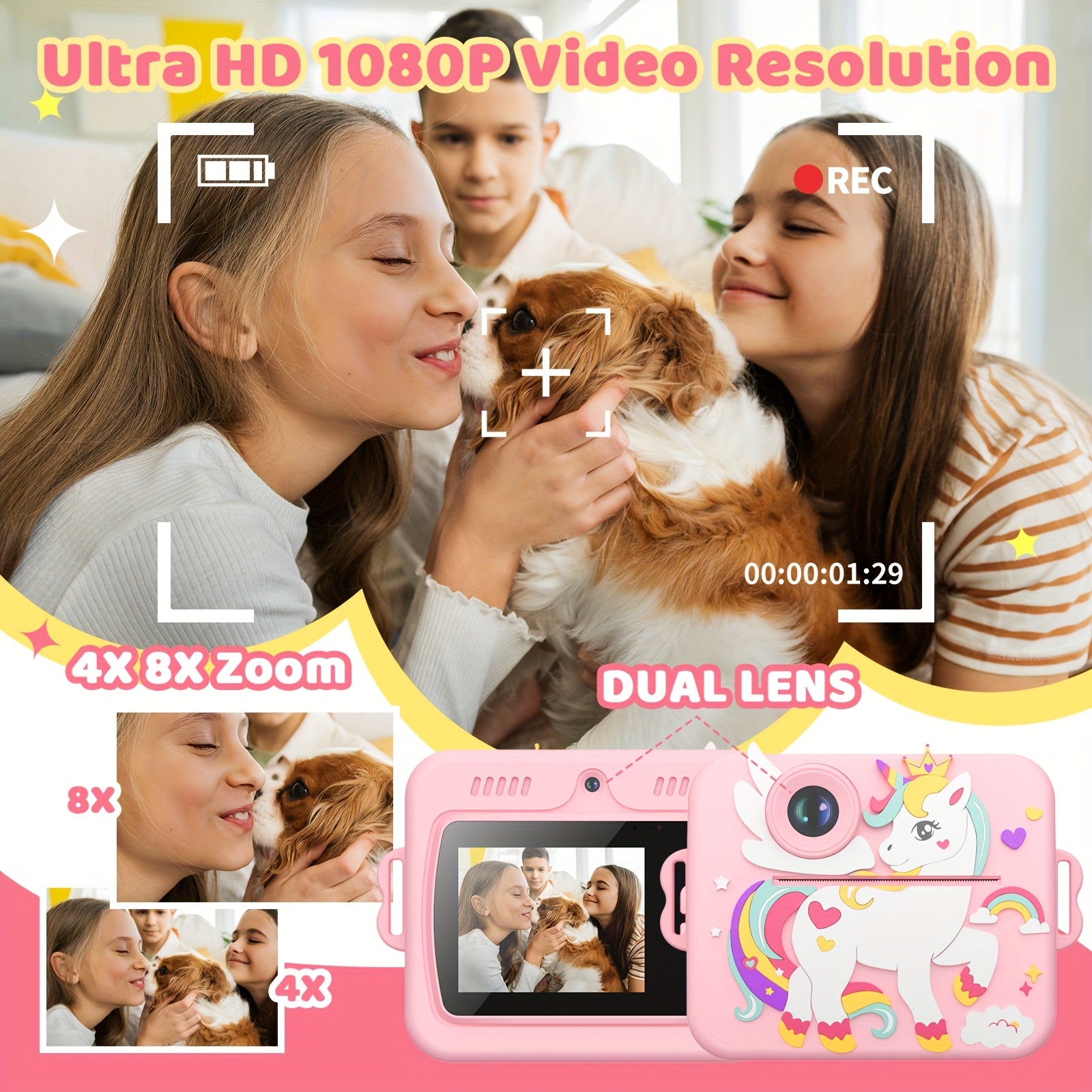 Direct-Klaar Printcamera voor Kinderen van 3-12 Jaar - Digitaal Fototoestel met Selfiecamera voor Jongens en Meisjes - Creatief Speelgoed Cadeau Inclusief Printrollen en Stiften