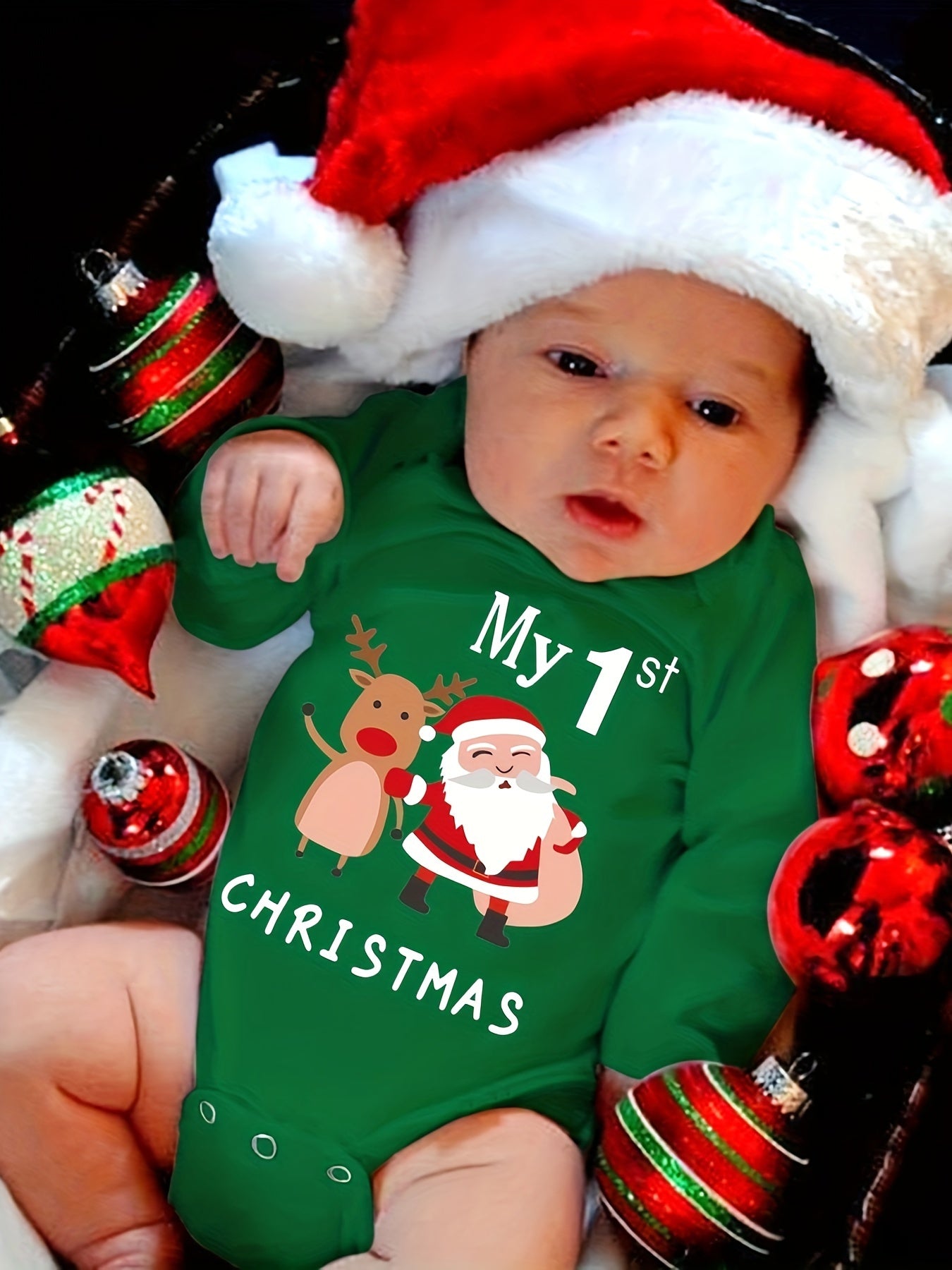 'Mijn 1e Kerst' Kerstman Print Romper met Lange Mouwen voor Kinderen | Zachte, Comfortabele Polyester Baby Onesie voor Kerstmis, Dagelijks Gebruik, Feestdagen en Fotoshoots