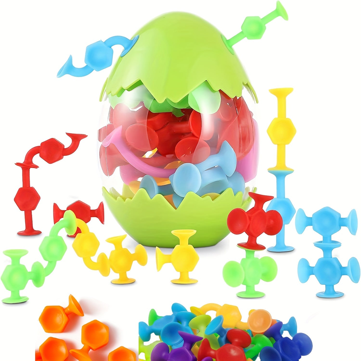 Zuignap Speelset met 18/48 Stuks | Zachte Siliconen Bouwblokken in Eierdoos, Sensorisch Fidget Speelgoed, Ideaal voor Reizen & Vakantie