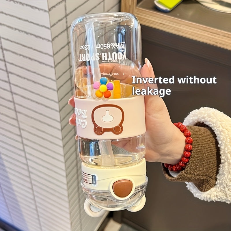 650ml beren drinkfles | Cartoon waterfles met rietje & handvat