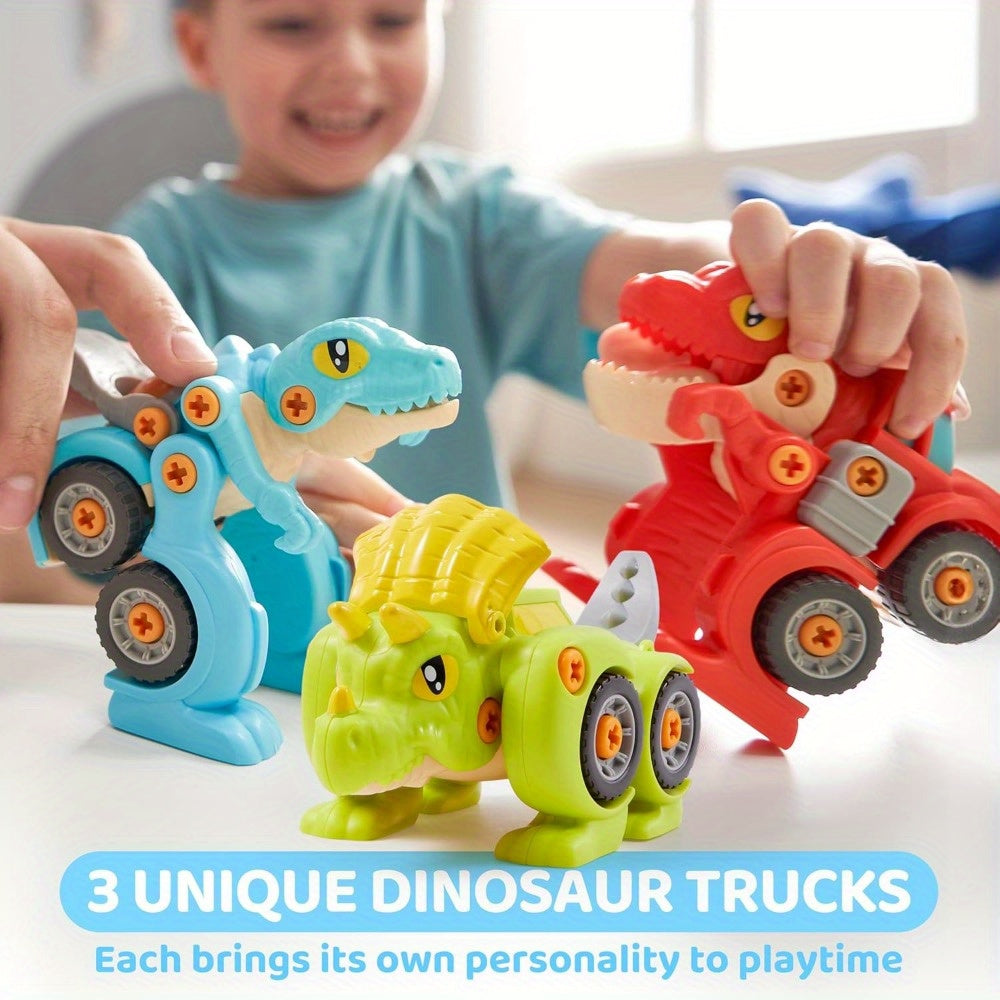 3-delige Set Dinosaurusspeelgoed om uit elkaar te halen met Elektrische Boormachine | Bouwspeelgoed dat kan transformeren, tweerichtingsschakelaar, speelgoedauto's voor jongens vanaf 3 jaar