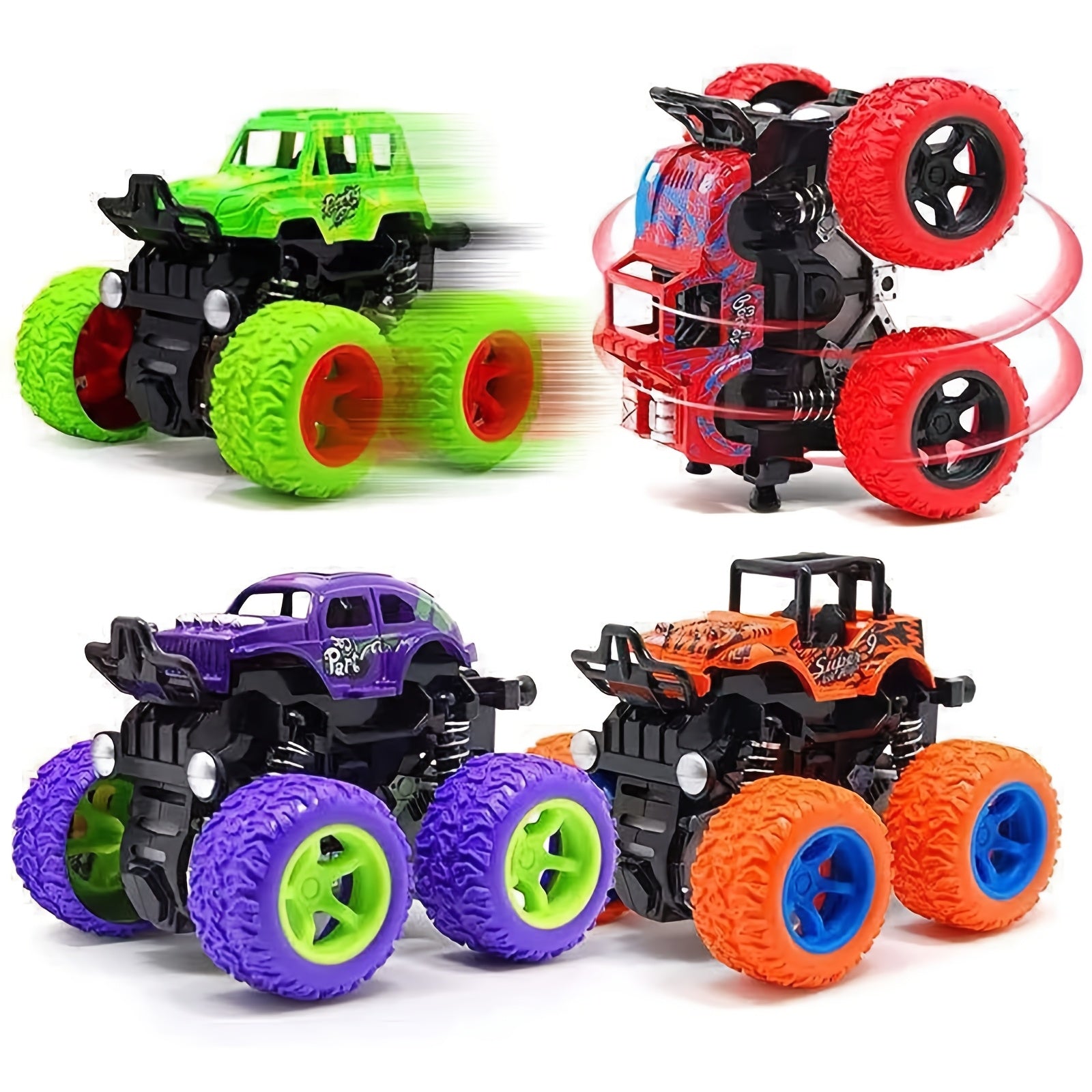 4x Wrijvingsmonstertrucks | Push & Go Inertia Auto’s met 360° Rotatie, Cadeau 3+ Jaar