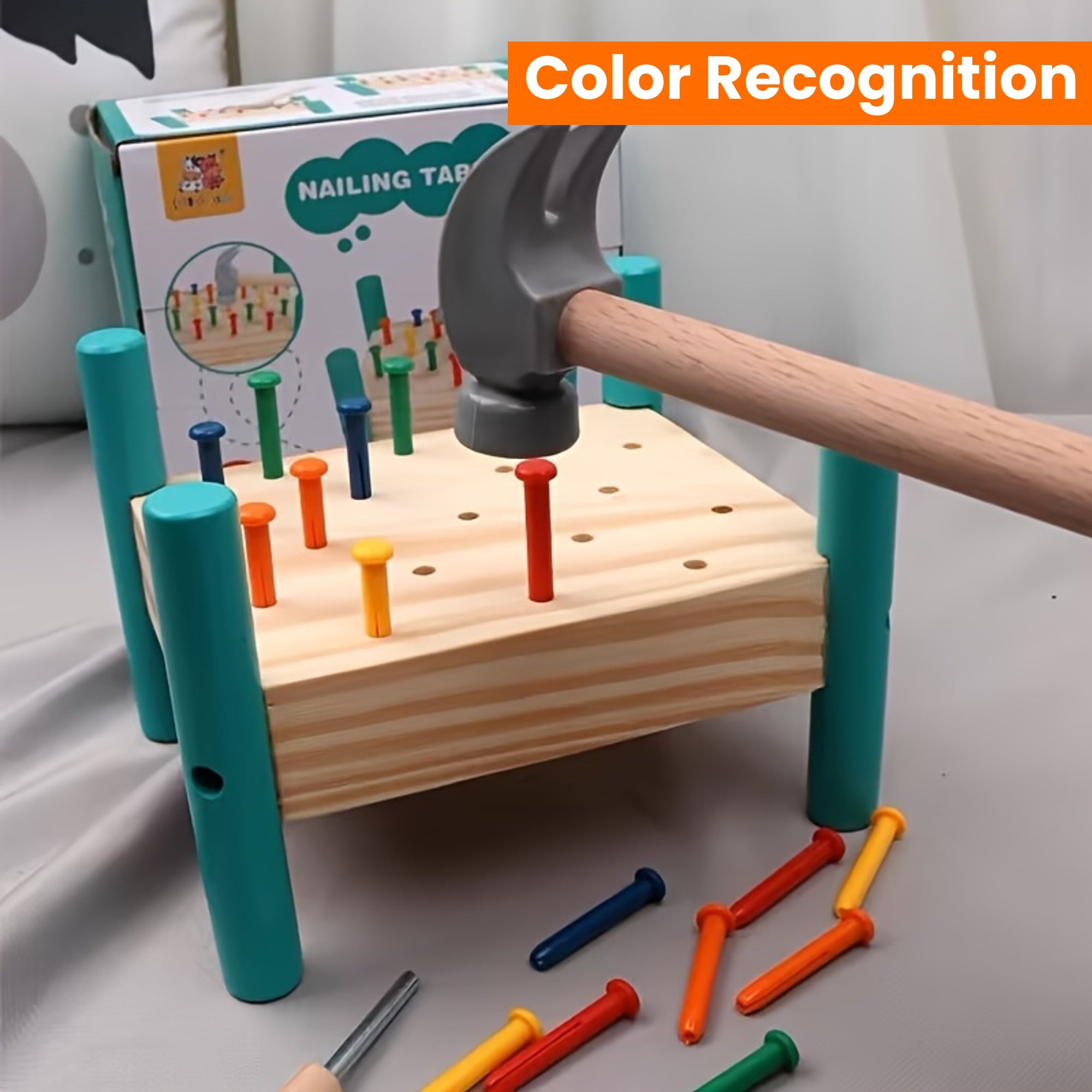 Houten Hamerbank en Spijkerspel voor Kinderen vanaf 3 Jaar - Educatief Speelgoed voor Fijne Motoriek en Kleurherkenning - Cadeau voor Peuters en Kleuters