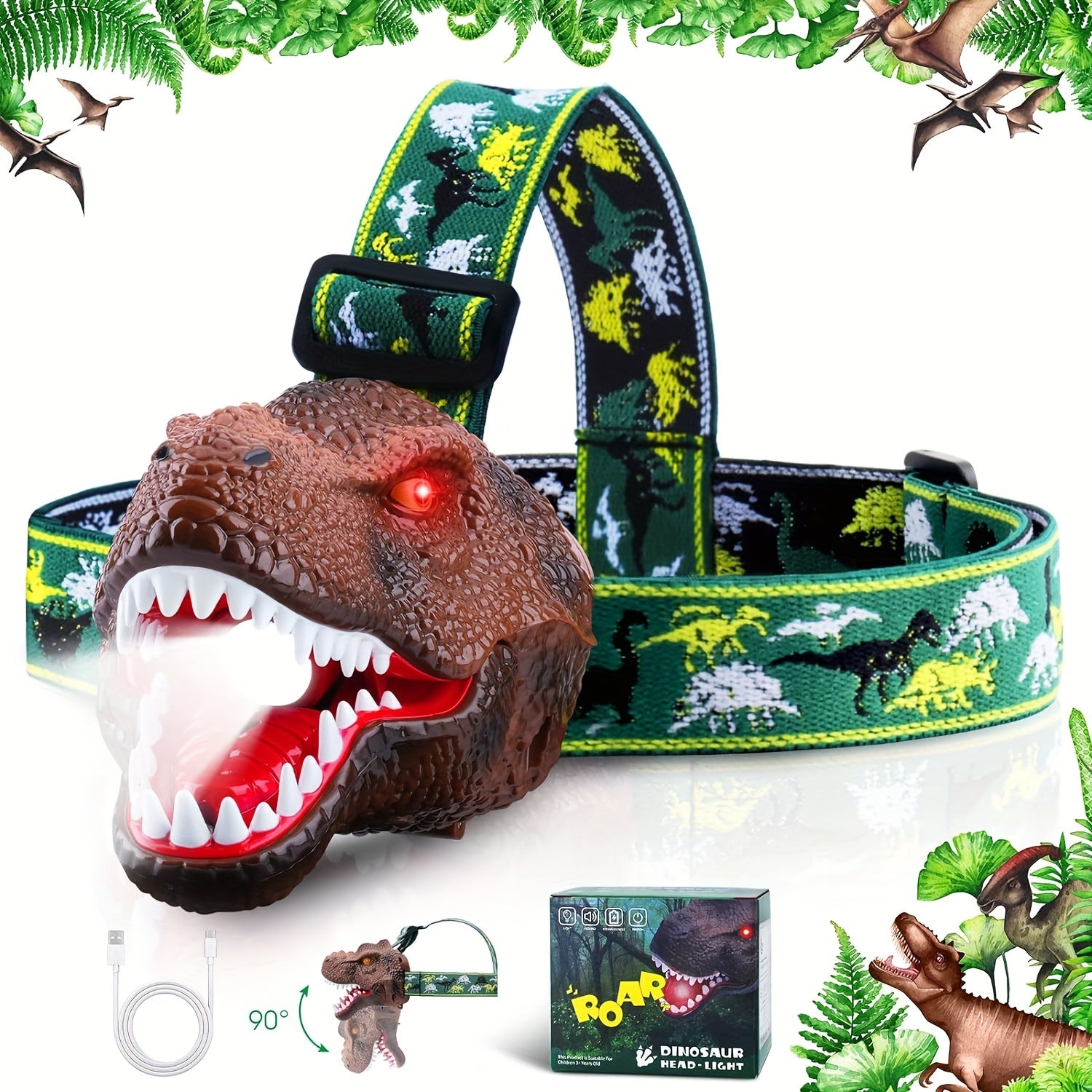 LED Hoofdlamp | Outdoor Dinosaur Hoofdlamp, USB Oplaadbaar, 90° Rotatie, Perfect Cadeau