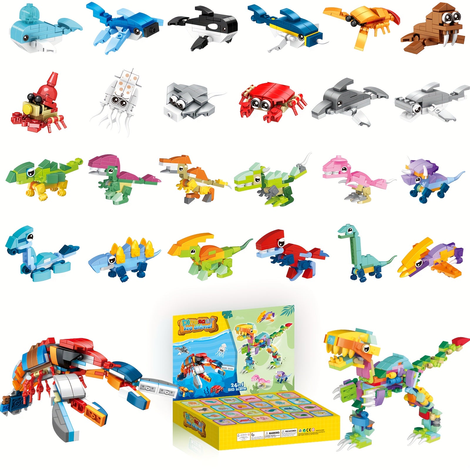 24-delige Dinosaurus en Zeedieren Bouwblokken Set voor Kinderen - Educatief Speelgoed voor Jongens en Meisjes vanaf 6 Jaar - Bouw je Eigen Dierenwereld Cadeau