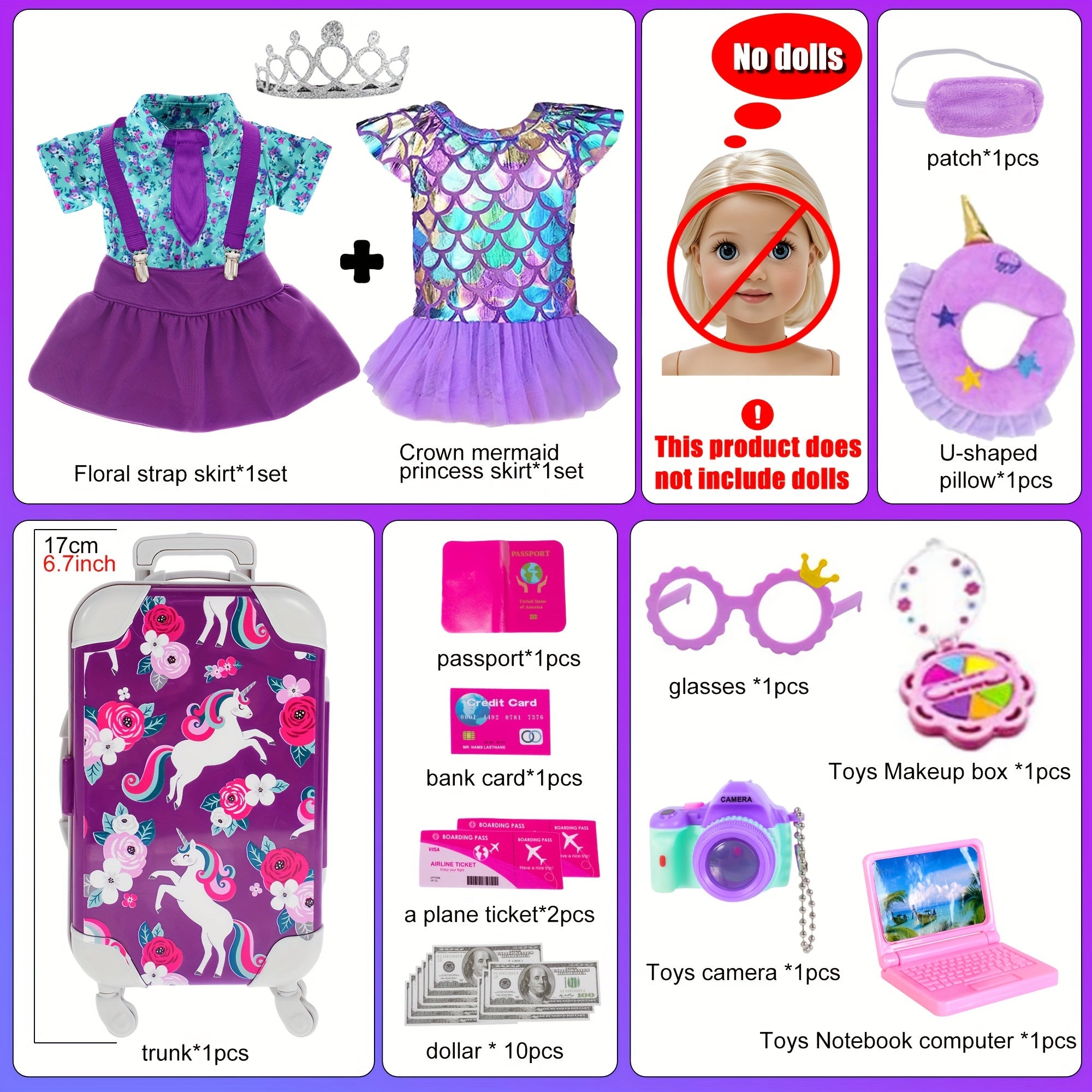 Set van 25 Accessoires voor 18-Inch Amerikaanse Pop - Koffer, Kussen, Camera en Zonnebril - Ideaal Cadeau voor Kinderen