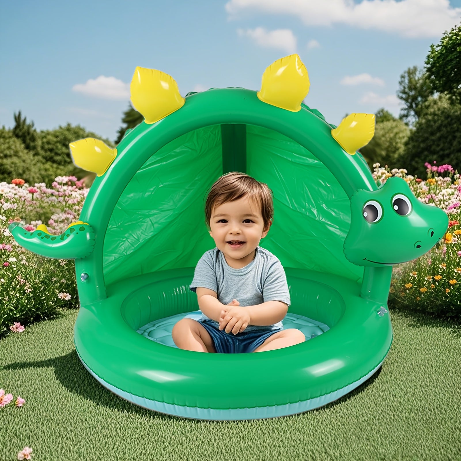 Groen Dino Opblaasbaar Kinderzwembad met Zonnescherm – Zomers Buitenspeelgoed voor Peuters vanaf 2 Jaar