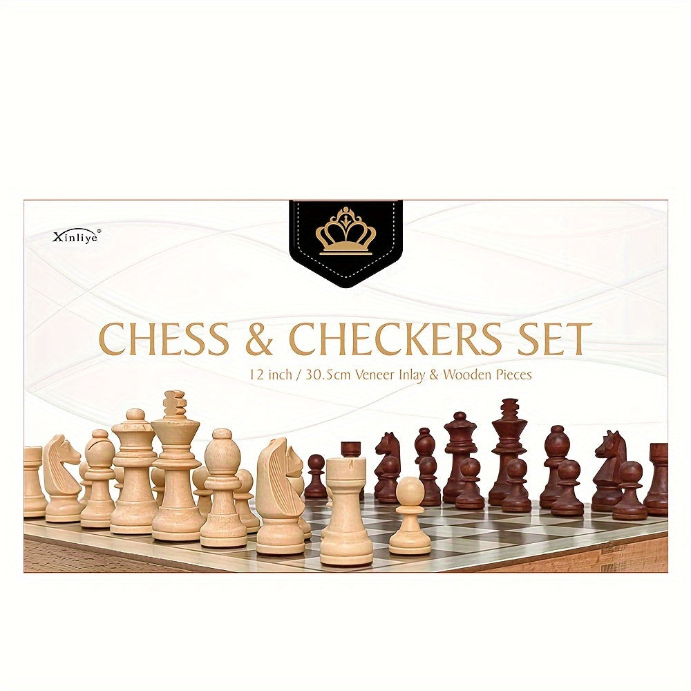30.5 cm Groot Houten Schaak- en Damspel – Opvouwbaar Strategie Bordspel met Luxe Opbergdoos