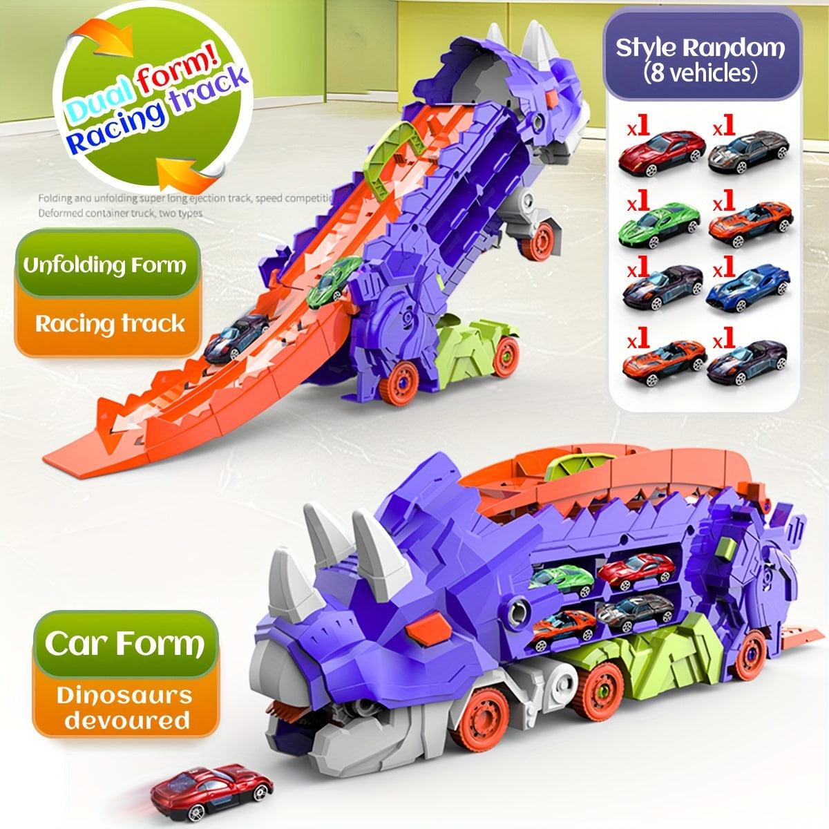 Triceratops Transport Truck 3-in-1 Speelset | Transformeerbaar Spoorweg-Lanceervoertuig | Inclusief Meerdere Metaalauto’s | Voor 3+ Jaar | Paars & Groen