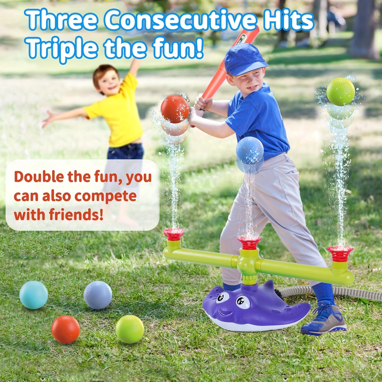4-in-1 Watersproeier Basebal & Raketlanceerder voor Kinderen – Zomers Buitenspeelgoed met 3 Jets, 360° Draaibare Sproeier & 3 Raketjes – Voor Tuin en Zwembadfeestjes