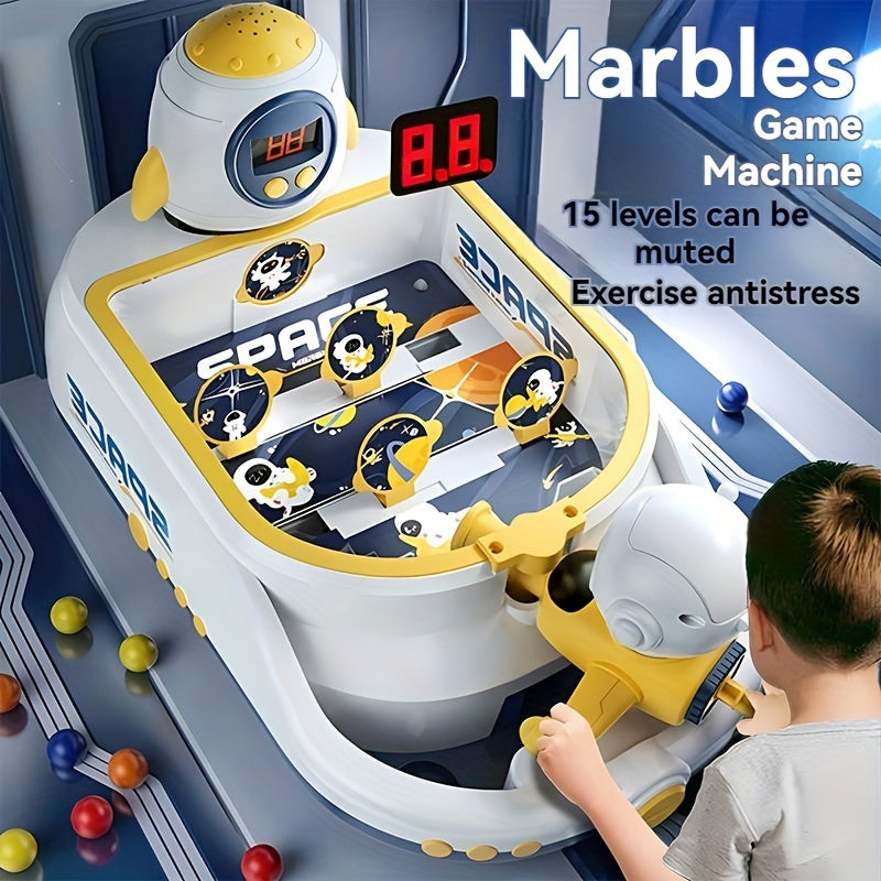 Knikkerschietspel console | Puzzelspel, interactieve desktop met obstakels, doelen schieten, scorebord, licht |en geluidseffecten, ruimteavontuur schiettafel.