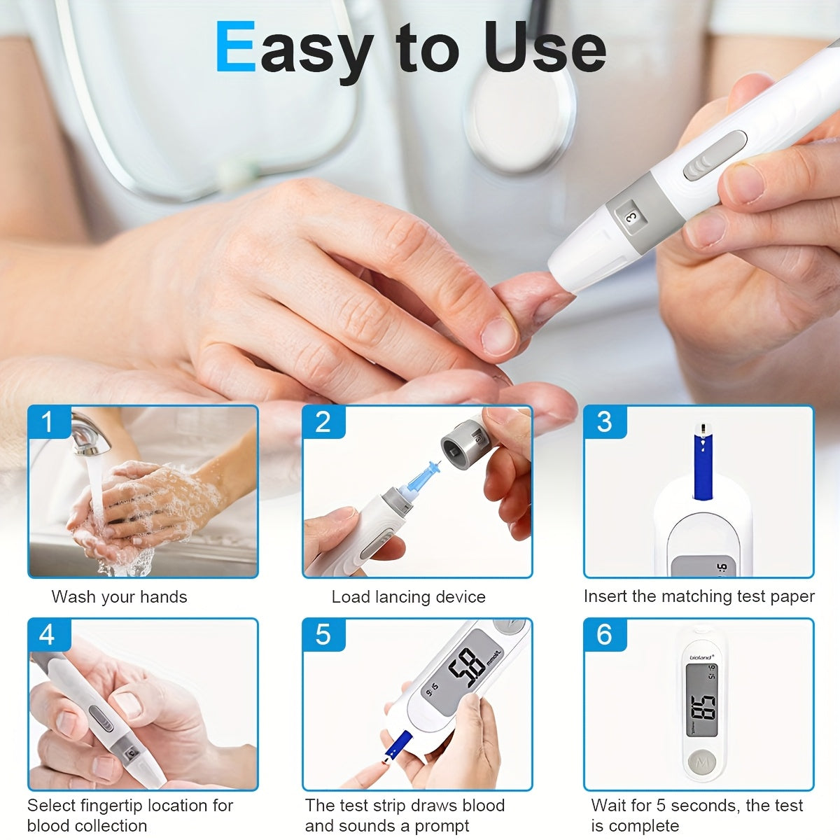 Complete Bloedsuikermeter Startpakket voor Thuisgebruik - Nauwkeurige Bloedglucosemeter Kit met 50 Teststrips en 50 Lancetten - Diabetes Testset zonder Coderen
