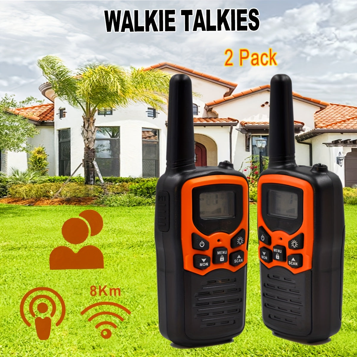 2-Pack Walkie Talkies | 8KM Bereik, LCD, Outdoor Kamperen